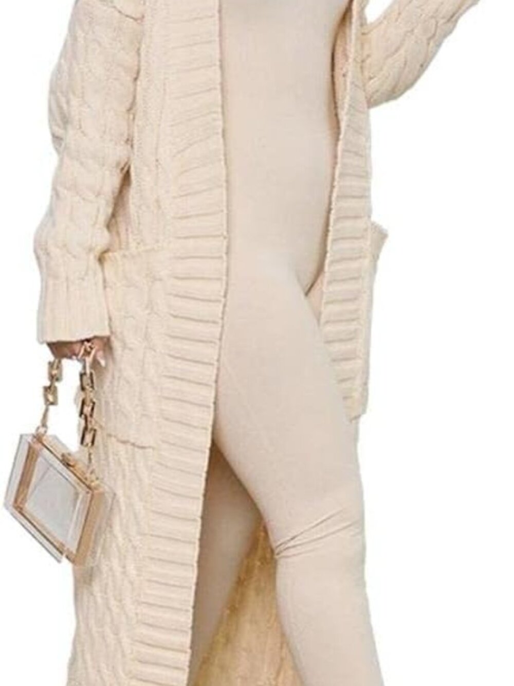 Chunky Cable Knit Duster Cardigan Cream Long Open Front Sweater Coat Pockets